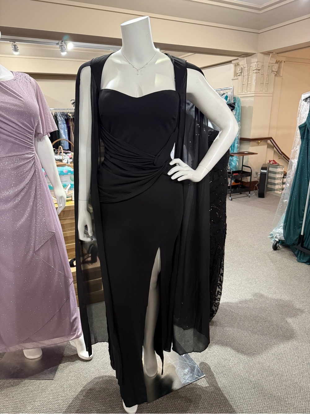 Symphony Black Strapless Maxi Gown with Sheer Cape